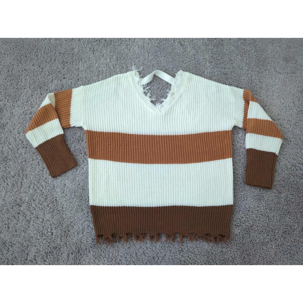Moon & Madison Sweater Womens M Wide Striped Colorblock Frayed Detail Boho Cozy